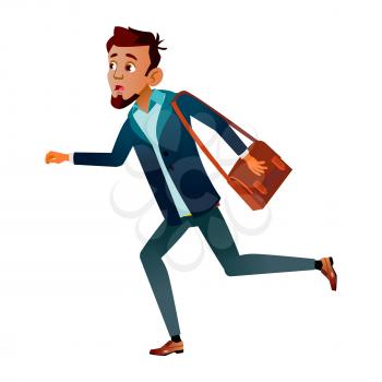 Teen Boy Student Late And Run To University Vector. Stressed And Anxious Teenager With Bag Run On Education Lesson In College. Character Young Guy Running Flat Cartoon Illustration