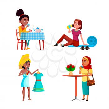 Teen Girls Drinking Freshness Drinks Set Vector. Teen Girls Drinking Fresh Water After Training And Delicious Hot Tea Breakfast, Juice And Cocktail In Cafe. Characters Flat Cartoon Illustrations