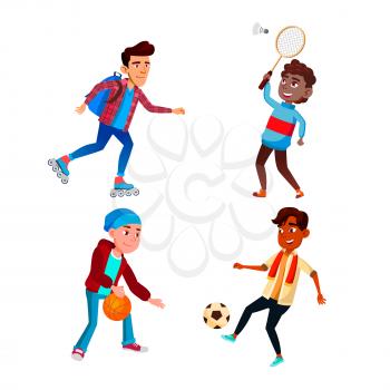 School Boys Sport Occupation Activity Set Vector. Schoolboys Riding Roller Skates, Playing Soccer Football, Basketball And Badminton Sport Games. Characters Active Time Flat Cartoon Illustrations