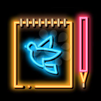 Notebook Pen Bird neon light sign vector. Glowing bright icon Notebook Pen Bird sign. transparent symbol illustration