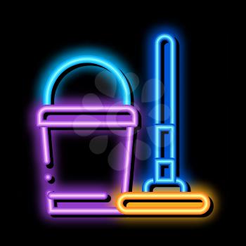 Bucket And Mop neon light sign vector. Glowing bright icon Bucket And Mop sign. transparent symbol illustration
