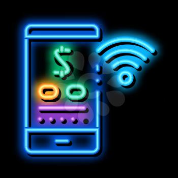 money management through wi-fi distribution neon light sign vector. Glowing bright icon money management through wi-fi distribution sign. transparent symbol illustration