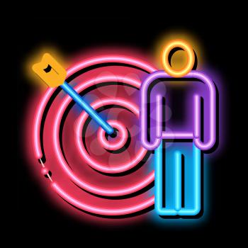 target hit neon light sign vector. Glowing bright icon target hit sign. transparent symbol illustration