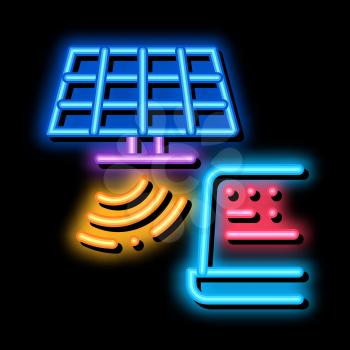 solar signal transmission to computer neon light sign vector. Glowing bright icon solar signal transmission to computer sign. transparent symbol illustration
