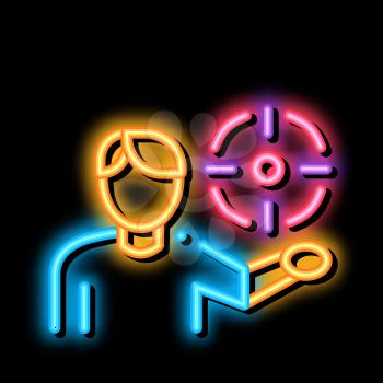 man about his goal neon light sign vector. Glowing bright icon man about his goal sign. transparent symbol illustration