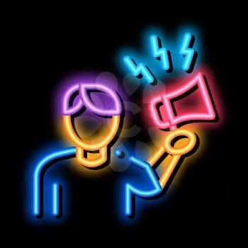 loudspeaker man neon light sign vector. Glowing bright icon loudspeaker man sign. transparent symbol illustration