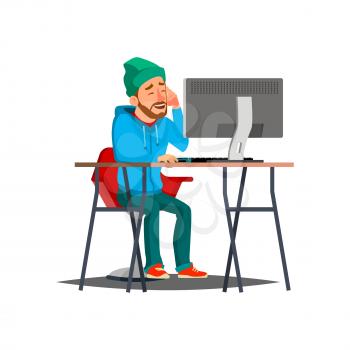 happiness man hipster create cute image on computer cartoon vector. happiness man hipster create cute image on computer character. isolated flat cartoon illustration