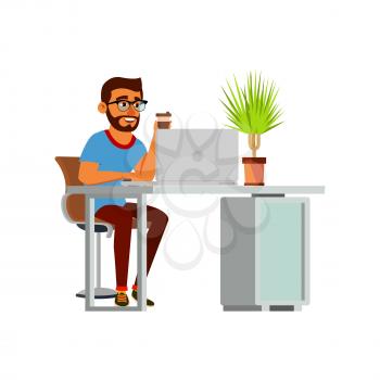 hispanic man drinking tea and working at workspace cartoon vector. hispanic man drinking tea and working at workspace character. isolated flat cartoon illustration