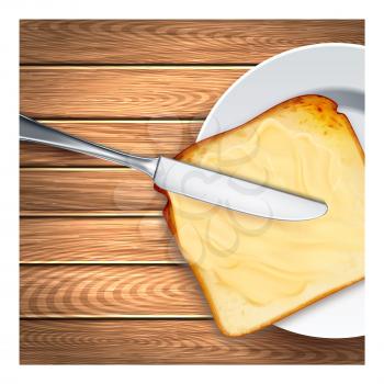 Butter Natural Product Promotional Banner Vector. Toast Bread With Smeared Butter By Knife On Advertise Poster. Delicious Breakfast Nutrition Dish On Wooden Surface Style Concept Template Illustration