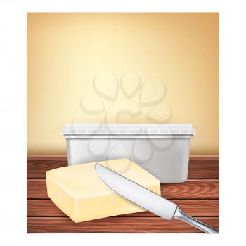 Butter Organic Product Promotion Banner Vector. Butter Blank Packaging And Knife Kitchen Utensil On Wooden Table Advertising Poster. Fatty Nourishment Style Concept Template Illustration