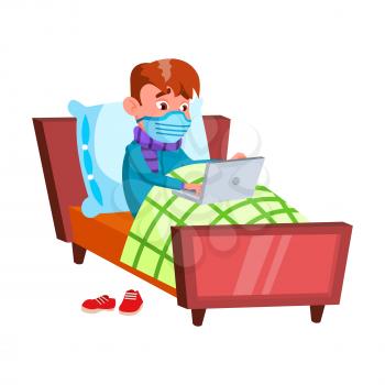 School Boy Wearing Facial Mask In Bedroom Vector. Illness Schoolboy With Protective Medical Mask Laying In Bed And Remote Studying On Laptop. Character Disease And Education Flat Cartoon Illustration