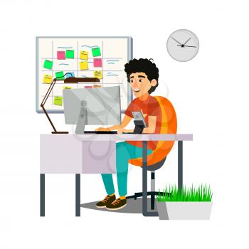 cute boy project manager planning strategy in office cartoon vector. cute boy project manager planning strategy in office character. isolated flat cartoon illustration