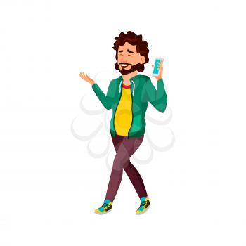 positive emotion man listening song on smartphone and walking on street cartoon vector. positive emotion man listening song on smartphone and walking on street character. isolated flat cartoon illustration