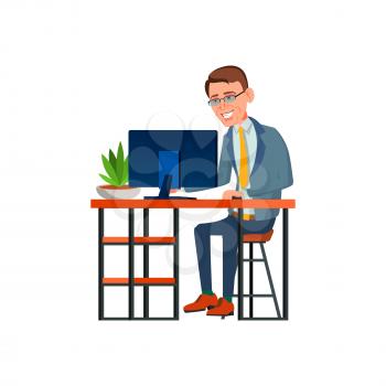 happy man manager working on computer with financial report cartoon vector. happy man manager working on computer with financial report character. isolated flat cartoon illustration