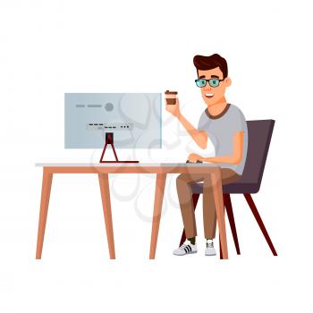 young man geek working on computer on early morning cartoon vector. young man geek working on computer on early morning character. isolated flat cartoon illustration
