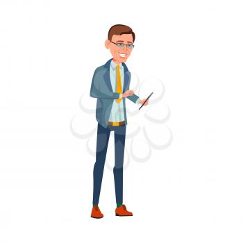 businessman with smartphone talking with employees in office cartoon vector. businessman with smartphone talking with employees in office character. isolated flat cartoon illustration