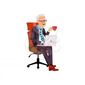 elderly man sitting on office chair, drinking coffee and laughing from funny movie on laptop cartoon vector. elderly man sitting on office chair, drinking coffee and laughing from funny movie on laptop character. isolated flat cartoon illustration