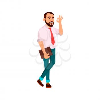 bearded man ceo with folder gesturing ok to manager in office cartoon vector. bearded man ceo with folder gesturing ok to manager in office character. isolated flat cartoon illustration