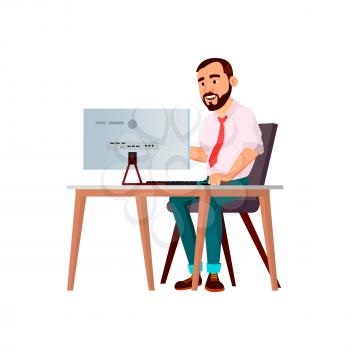 playful man playing video game on computer cartoon vector. playful man playing video game on computer character. isolated flat cartoon illustration