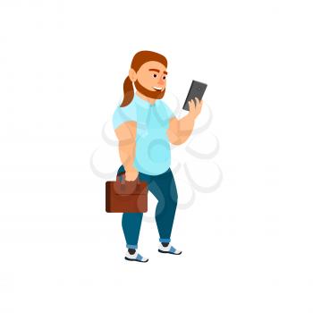 man professor with suitcase reading daily plan on smartphone cartoon vector. man professor with suitcase reading daily plan on smartphone character. isolated flat cartoon illustration