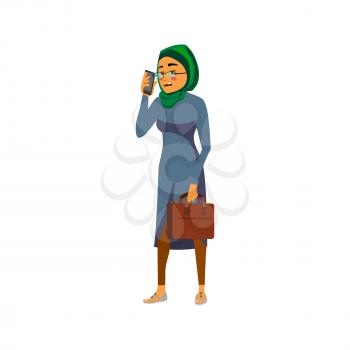 tired arab woman talking with ceo on phone cartoon vector. tired arab woman talking with ceo on phone character. isolated flat cartoon illustration
