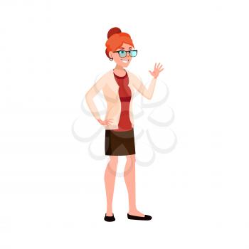 smiling redhead woman waving hand for friends cartoon vector. smiling redhead woman waving hand for friends character. isolated flat cartoon illustration