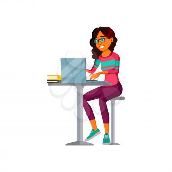 hispanic woman watch education webinar on laptop cartoon vector. hispanic woman watch education webinar on laptop character. isolated flat cartoon illustration