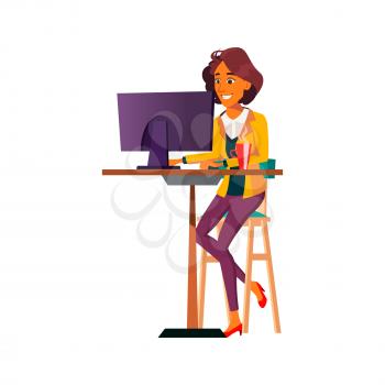 smiling woman use computer in internet cafe cartoon vector. smiling woman use computer in internet cafe character. isolated flat cartoon illustration