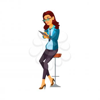 serious businesswoman shopping online on tablet cartoon vector. serious businesswoman shopping online on tablet character. isolated flat cartoon illustration