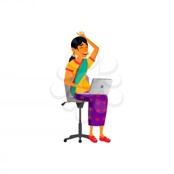 happy indian woman laughing from humor image on laptop cartoon vector. happy indian woman laughing from humor image on laptop character. isolated flat cartoon illustration