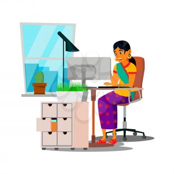 cheerful indian woman communicate with partners through computer cartoon vector. cheerful indian woman communicate with partners through computer character. isolated flat cartoon illustration