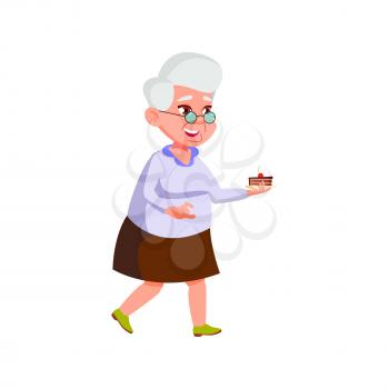 happy senior lady carrying cake piece in canteen cartoon vector. happy senior lady carrying cake piece in canteen character. isolated flat cartoon illustration