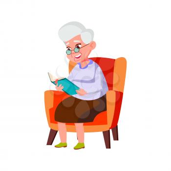 happy elderly lady sitting in living room armchair and reading interesting book cartoon vector. happy elderly lady sitting in living room armchair and reading interesting book character. isolated flat cartoon illustration