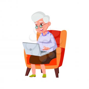 old lady speaking with children on laptop video call cartoon vector. old lady speaking with children on laptop video call character. isolated flat cartoon illustration