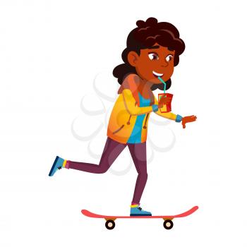 Schoolgirl Riding Skateboard And Drinking Vector. Happy African School Girl Ride Skate Board And Drinking Delicious Juice. Character Sport And Refreshment Beverage Flat Cartoon Illustration