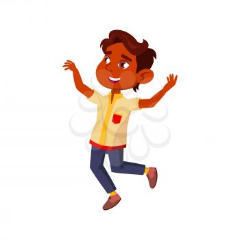 Happy Kid Boy Dancing And Walking Outdoor Vector. Happiness Hispanic Little Child Walk With Smile In Park. Character Infant Celebrate Victory In Game With Friend Flat Cartoon Illustration