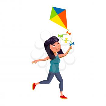 Schoolgirl Running With Air Kite Outside Vector. Happiness Asian School Girl Run With Kite Toy In Park. Chinese Character Offspring Kid Playing And Sport Activity Flat Cartoon Illustration