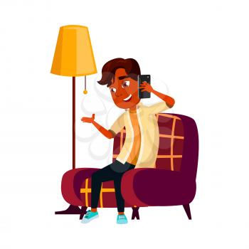 Schoolboy Talking With Friend On Smartphone Vector. Indian School Boy Sitting On Armchair In Living Room And Talk With Classmate In Smartphone. Character Conversation Flat Cartoon Illustration