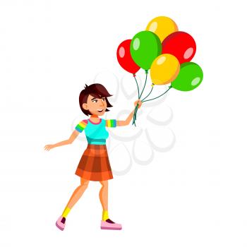Teenager Girl Enjoying With Air Balloons Vector. Happiness Asian Teen Lady Enjoy Multicolor Helium Balloons Bunch In Park. Character Carnival Decoration And Present Flat Cartoon Illustration