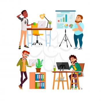 Businessmen Thinking About Startup Set Vector. Business Men Thinking Company Problem And Searching Solution. Characters Researching Infographic And Think For Increase Profit Flat Cartoon Illustrations