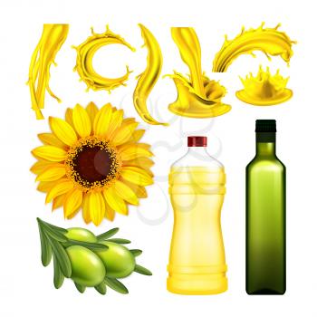 Olive And Sunflower Oil Collection Set Vector. Oil Bottles And Different Splash, Organic Raw Berries With Leaves And Flower With Seeds. Natural Product Layout Realistic 3d Illustrations