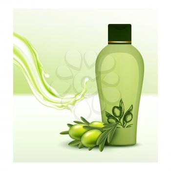 Olive Oil Shampoo Creative Promotion Banner Vector. Shampoo Blank Bottle And Liquid Splash For Washing, Berry And Leaf Harvest On Advertising Poster. Style Concept Template Illustration