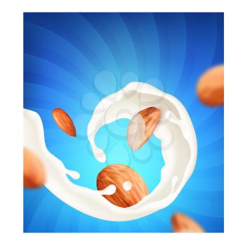Almond milk drink food poster. white fresh splash. Morning meal. healthy almond nutrition. 3d realistic illustration