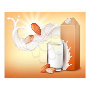 Almond milk drink glass poster. Nutrition cold flow. Smooth ingridient. Diet almond food. 3d realistic illustration