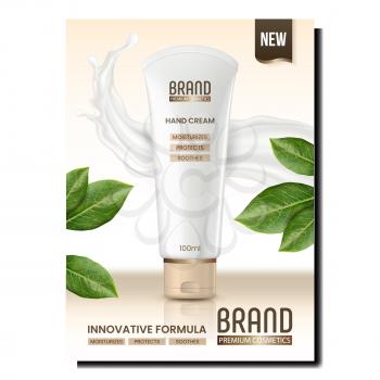 Hand Cream Creative Promotional Banner Vector. Hand Cream Blank Tube Packaging, Creamy Splash And Natural Tree Green Leaves On Advertising Poster. Style Concept Template Illustration