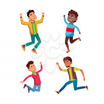 jumping teen boy set. happy young teenage. student person. joy male. excited guy. vector character flat cartoon Illustration