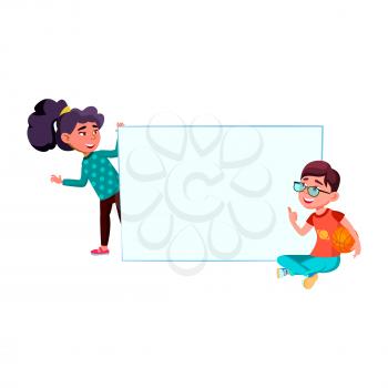 school boy and girl with empty banner. kid holding board. school child white poster. vector character flat cartoon Illustration