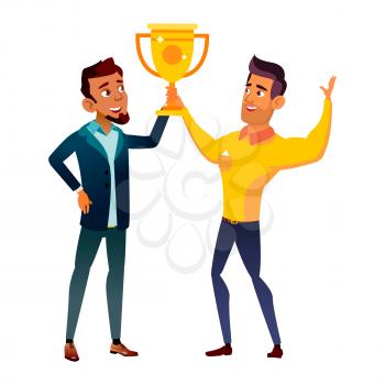 Teen boy girl with trophy cup. sport competition award. victory person. lifestyle celebration. vector character flat cartoon Illustration