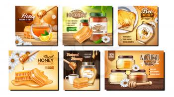 Honey bee food product ad set. Honeycomb poster. Glass jar with bee honey. Nature label. Organic banner template. Wildflower healthy dessert advertising. Yellow liquid, pollen 3d realistic vector