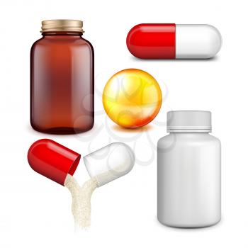 Vitamin Complex Drugs And Packages Set Vector. Vitamin Powder Falling From Capsule And Pills Balls, Plastic Bottle And Jar Containers. Healthcare Medicaments Template Realistic 3d Illustrations
